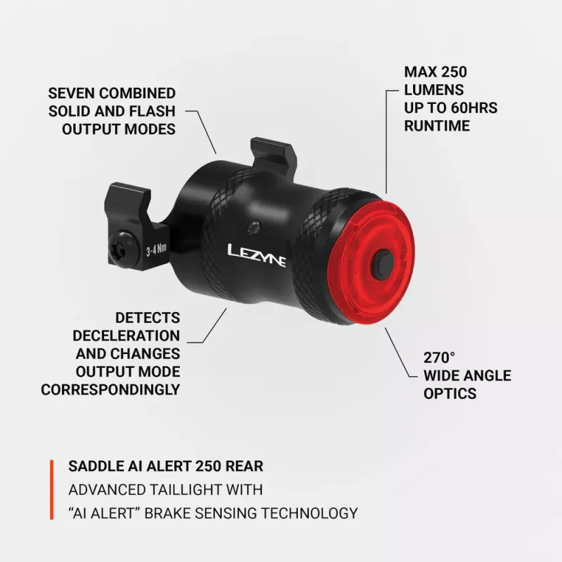 LEZYNE Zadné svetlo SADDLE Ai ALERT 250 12