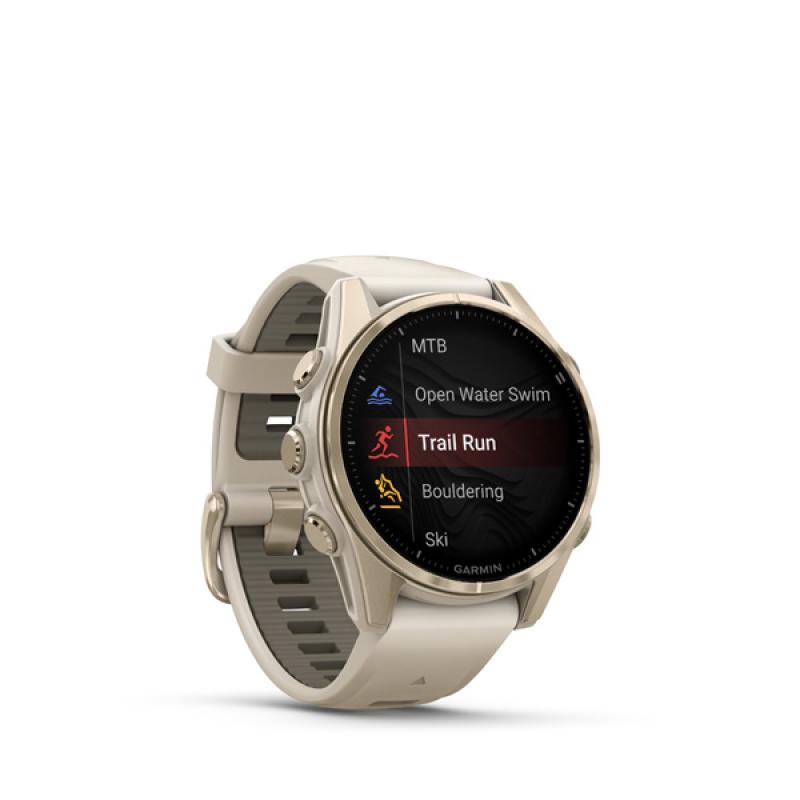 Garmin fenix 8 - 43mm, AMOLED, Sapphire, Soft Gold, Fog Gray/Dark Sandstone band